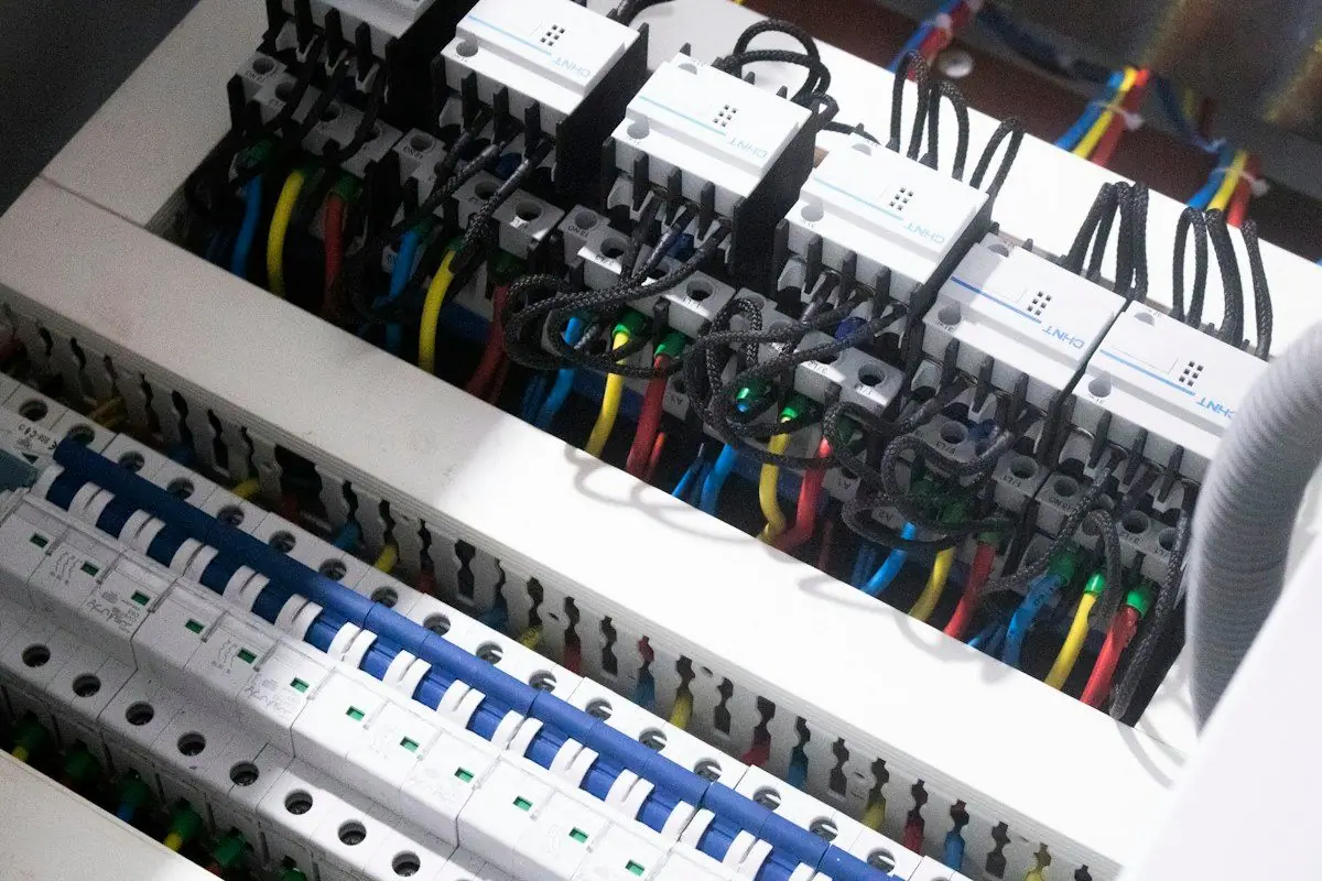 Colour-coded wiring and circuit breakers inside an electrical control panel